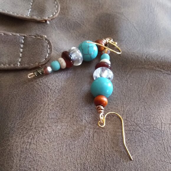 Mixed Gemstones! SouthWestern Stacked Earrings! Unique + Colorful Fall Danglers - Picture 3 of 7